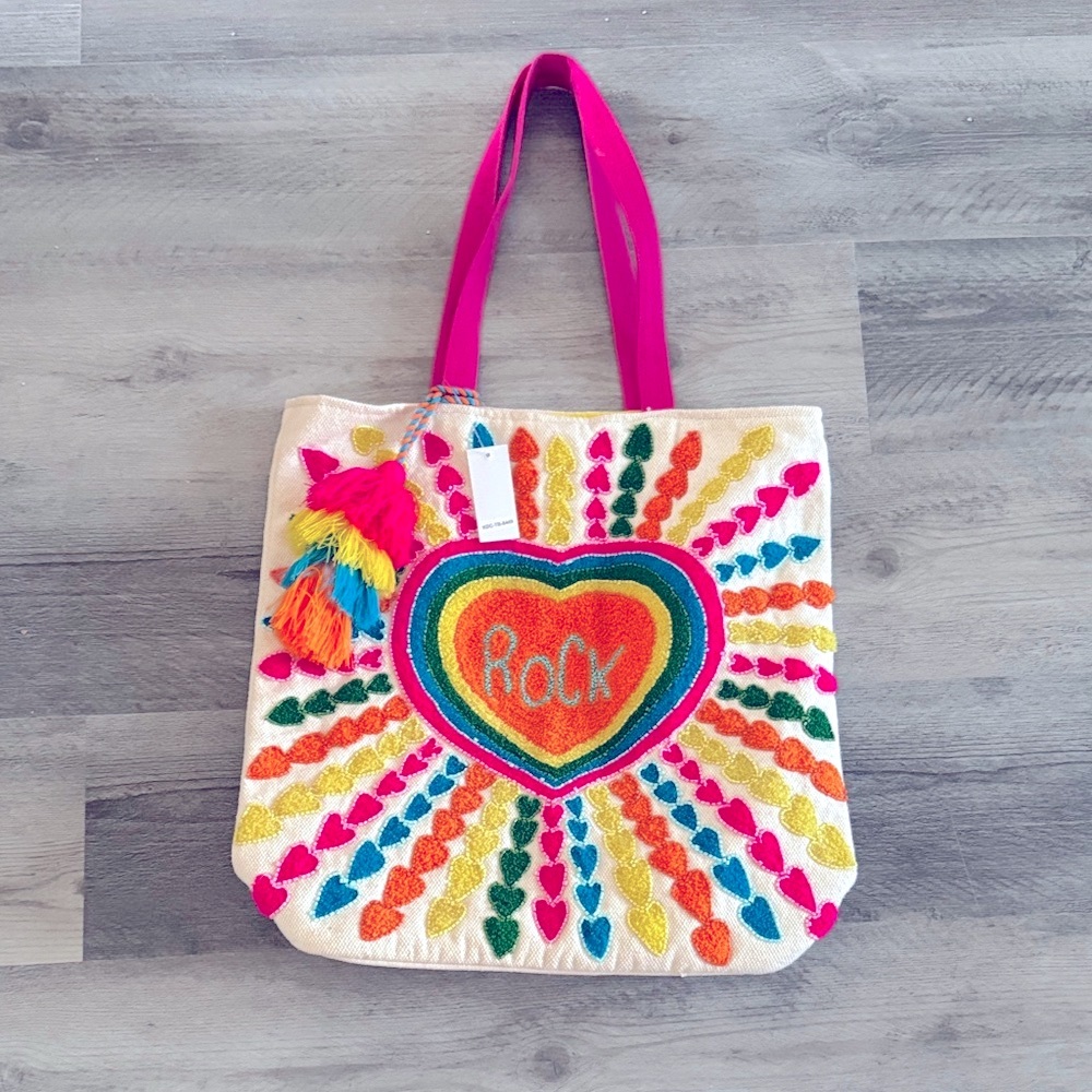 KATYdid - ROCK” - LARGE Colorful Heart Embroidered & Beaded Tote NWT- Boutique